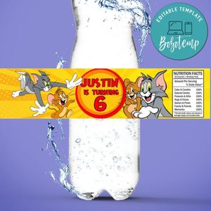 Tom and jerry Birthday Water Bottle Label Template to Print at Home Instant Download