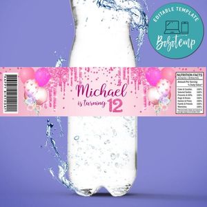 Shades of pink Birthday Water Bottle Label Template to Print at Home Instant Download