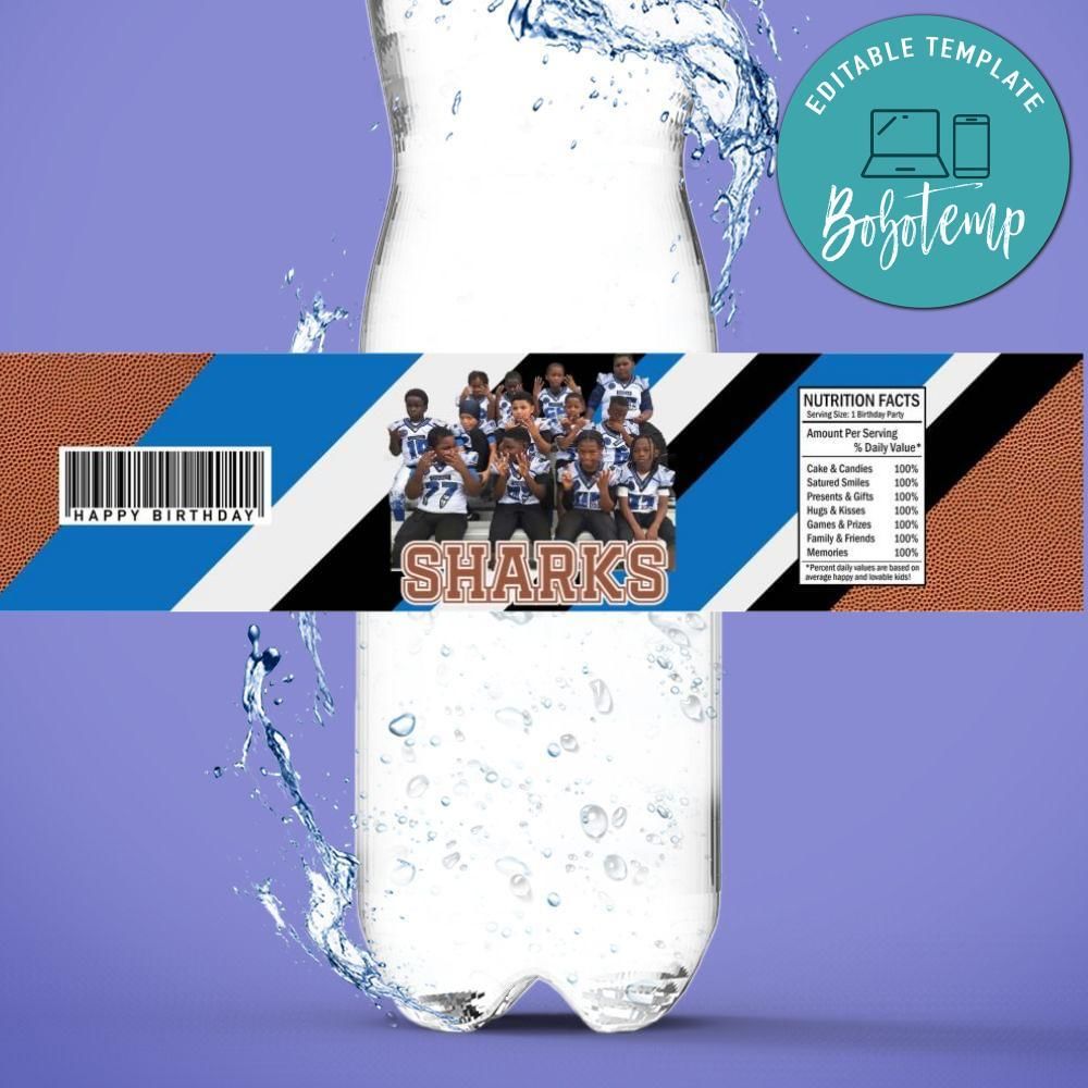 Sharks team Birthday Water Bottle Label Template to Print at Home Instant Download