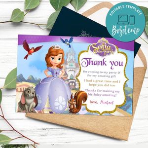 Princess Sofia Thank you card Customizable Template to Print at Home Instant Download