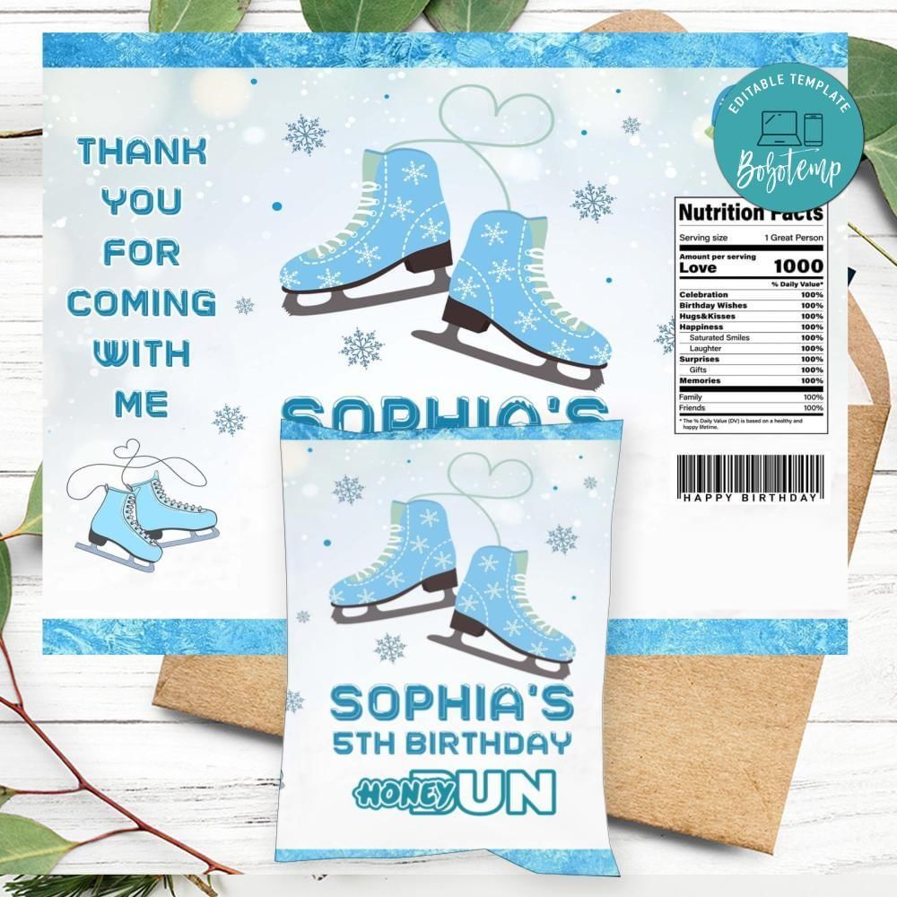 Ice Skating Birthday Honey Buns Snack Bag Label Customizable Instant Download