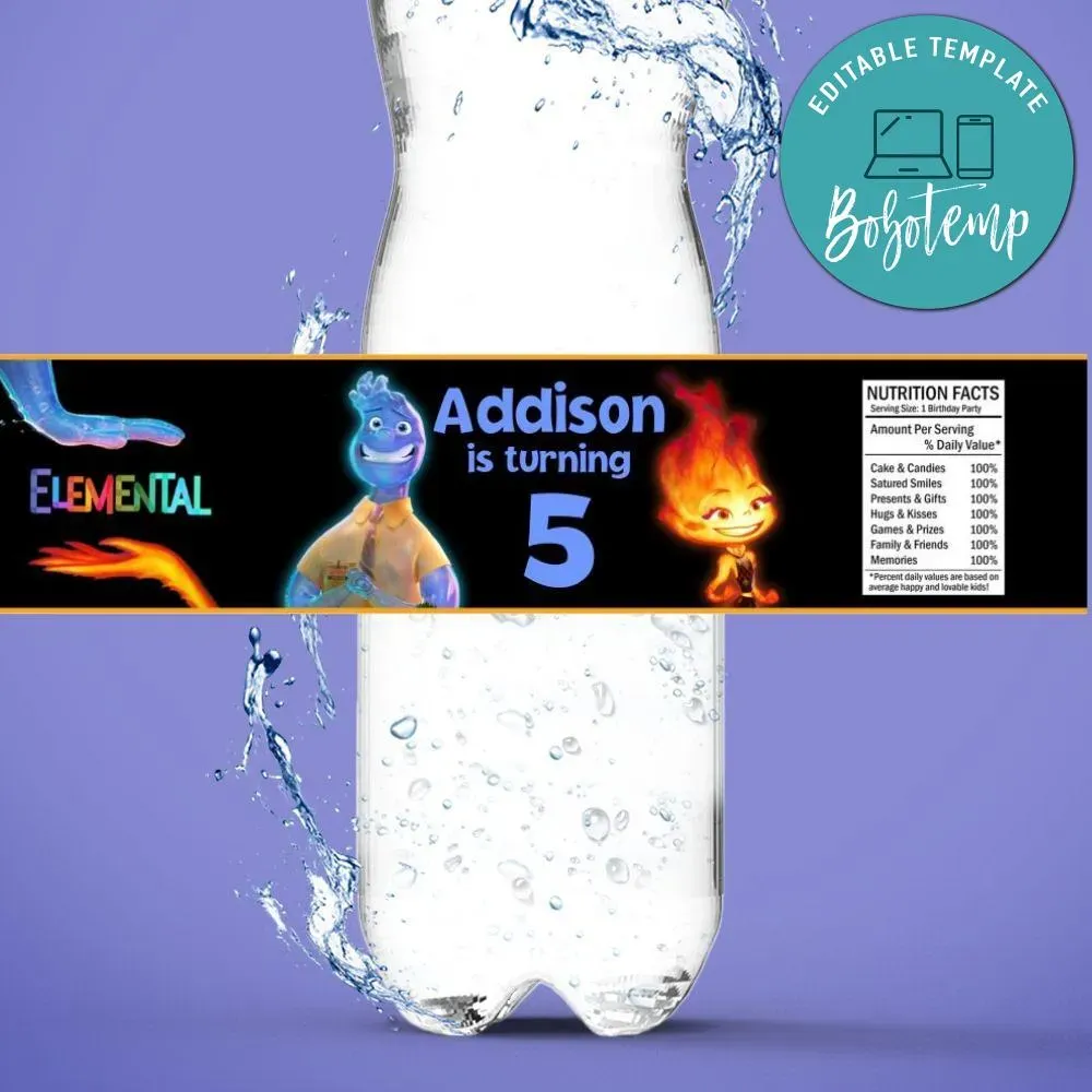 Elemental Pixar Birthday Water Bottle Label Template | Bobotemp