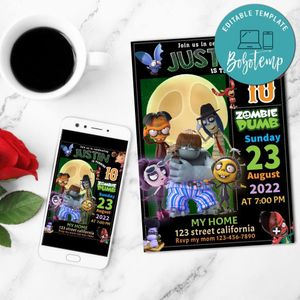 Zombie Dumb Digital Birthday Invitation Customizable Template to Print at Home Instant Download