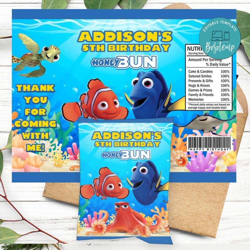 Finding Dory Nemo Birthday Honey Buns Snack Bag Label Customizable Instant Download