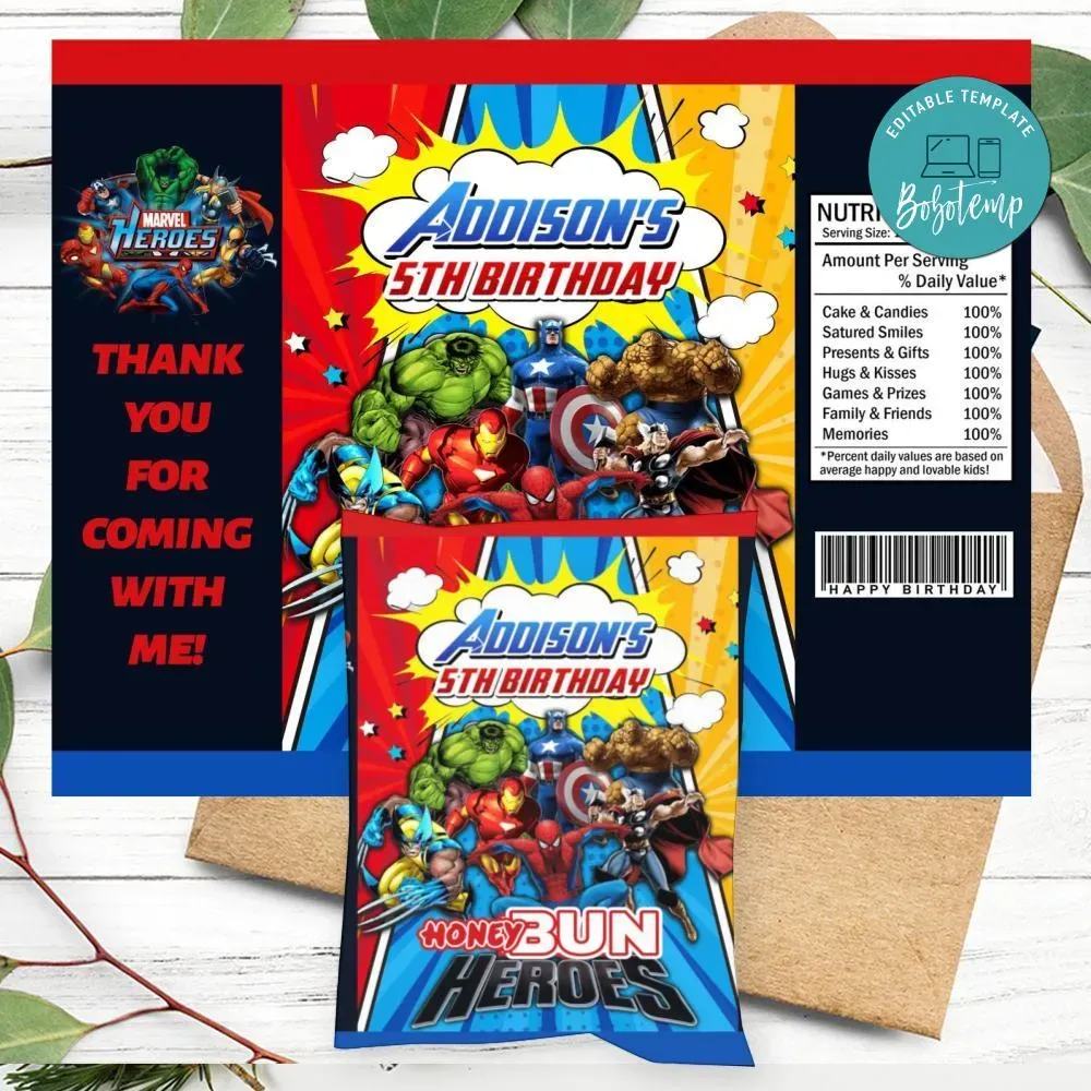 Superhero Marvel Birthday Honey Buns Snack Bag Label Customizable ...