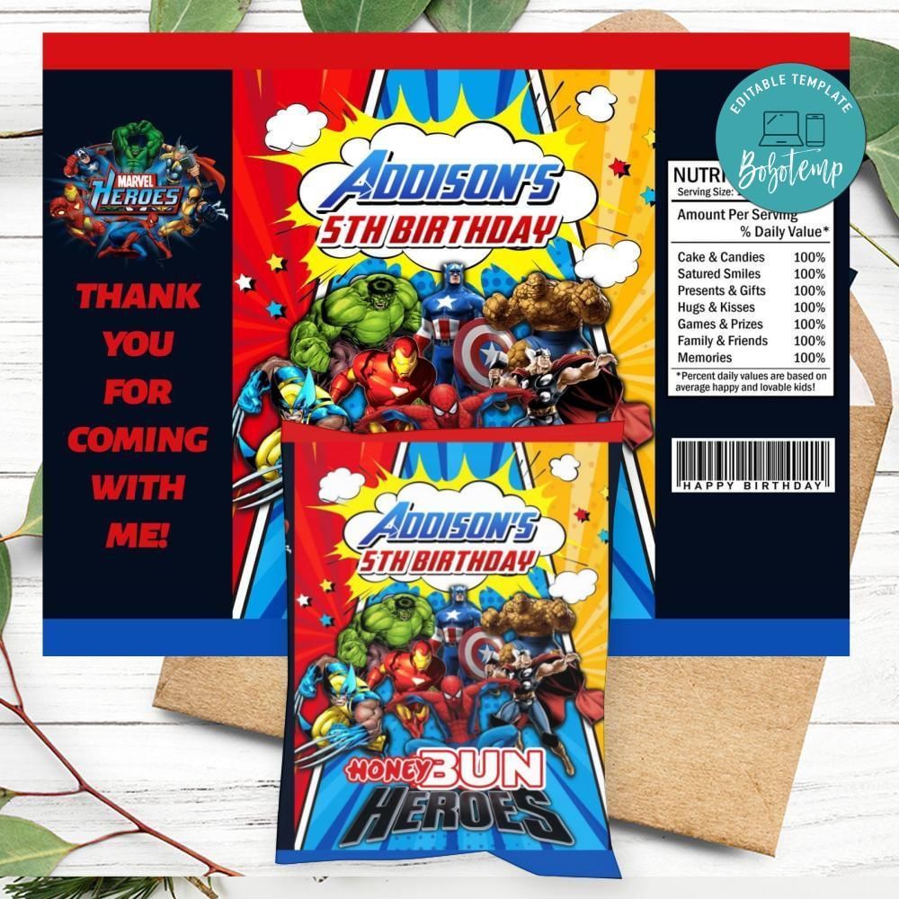 Superhero Marvel Birthday Honey Buns Snack Bag Label Customizable Instant Download