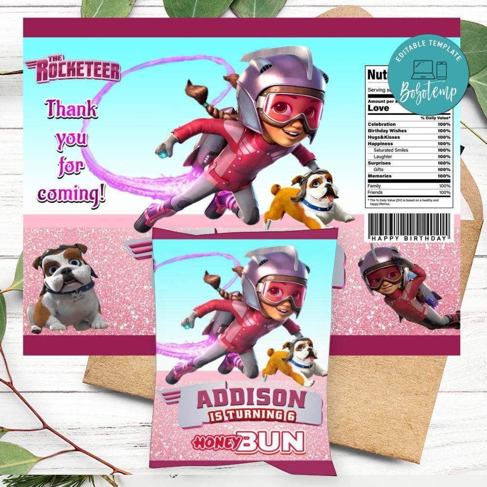 Rocketeer Birthday Honey Buns Snack Bag Label Customizable Instant Download