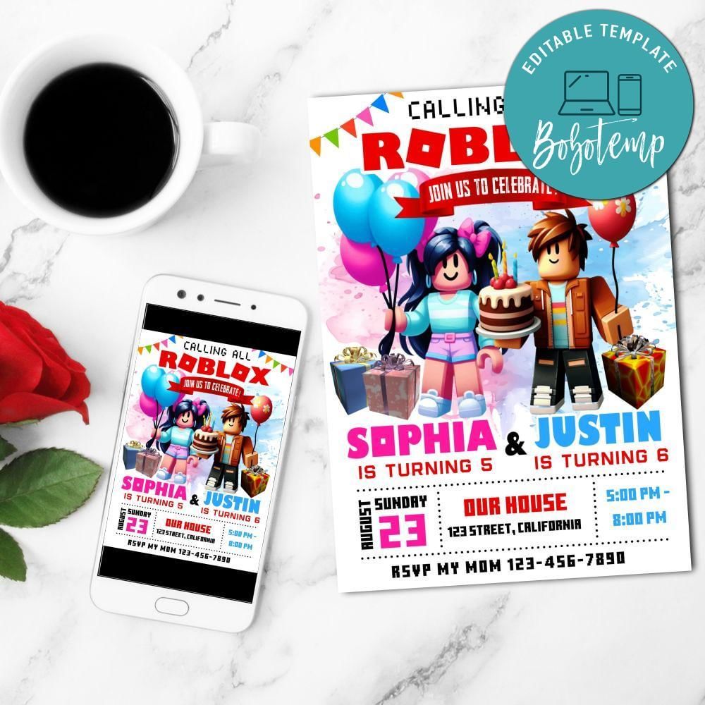 Sibling roblox Birthday Invitation Customizable Template to Print at Home Instant Download