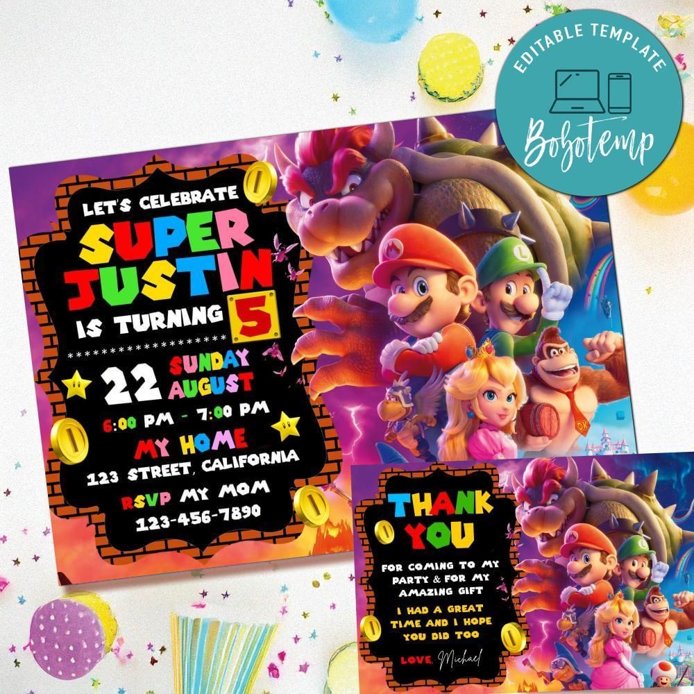 Super Mario Bros Invitation Template Free Thank You Card Printable