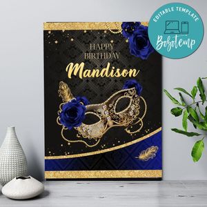 Blue Gold Carnival Mask Welcome Sign Digital File Printable Instant Download