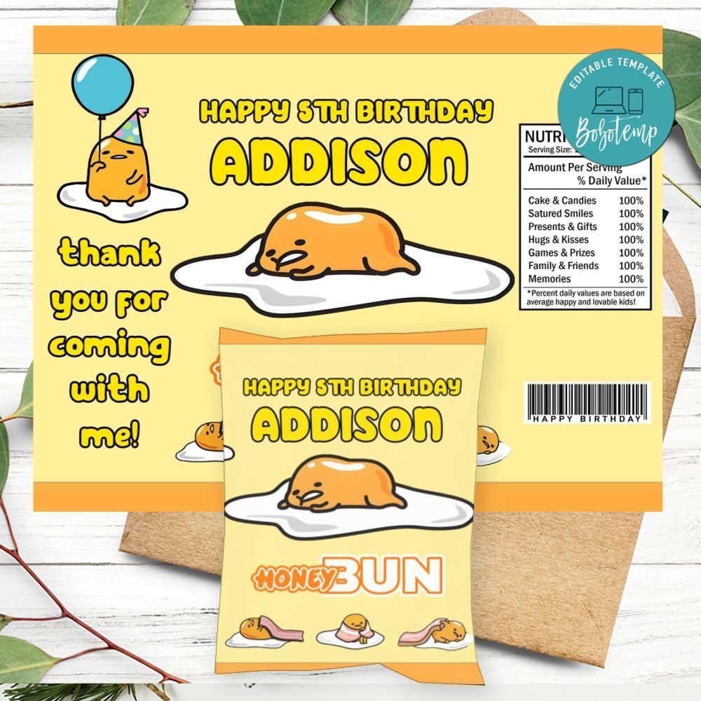 Gudetama Birthday Honey Buns Snack Bag Label Customizable Instant Download