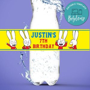 Simon The Rabbit Birthday Water Bottle Label Template to Print at Home Instant Download
