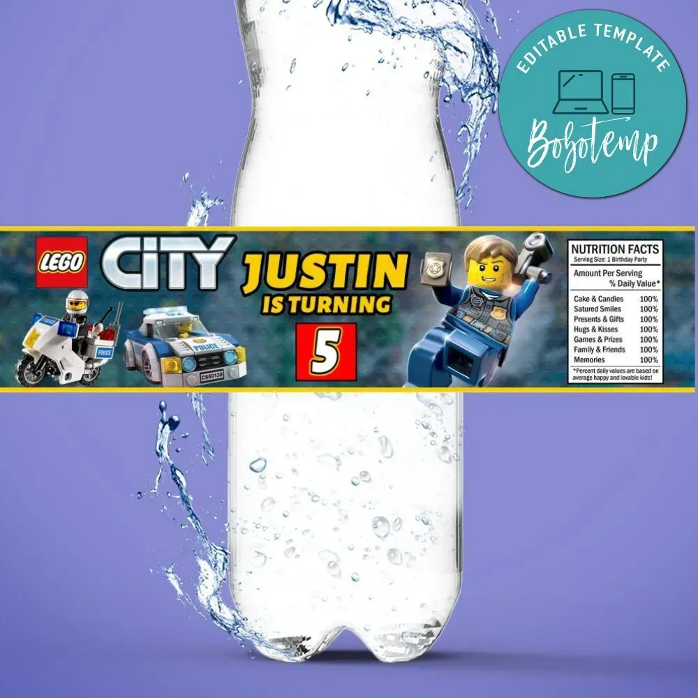 Lego City Birthday Water Bottle Label Template | Bobotemp