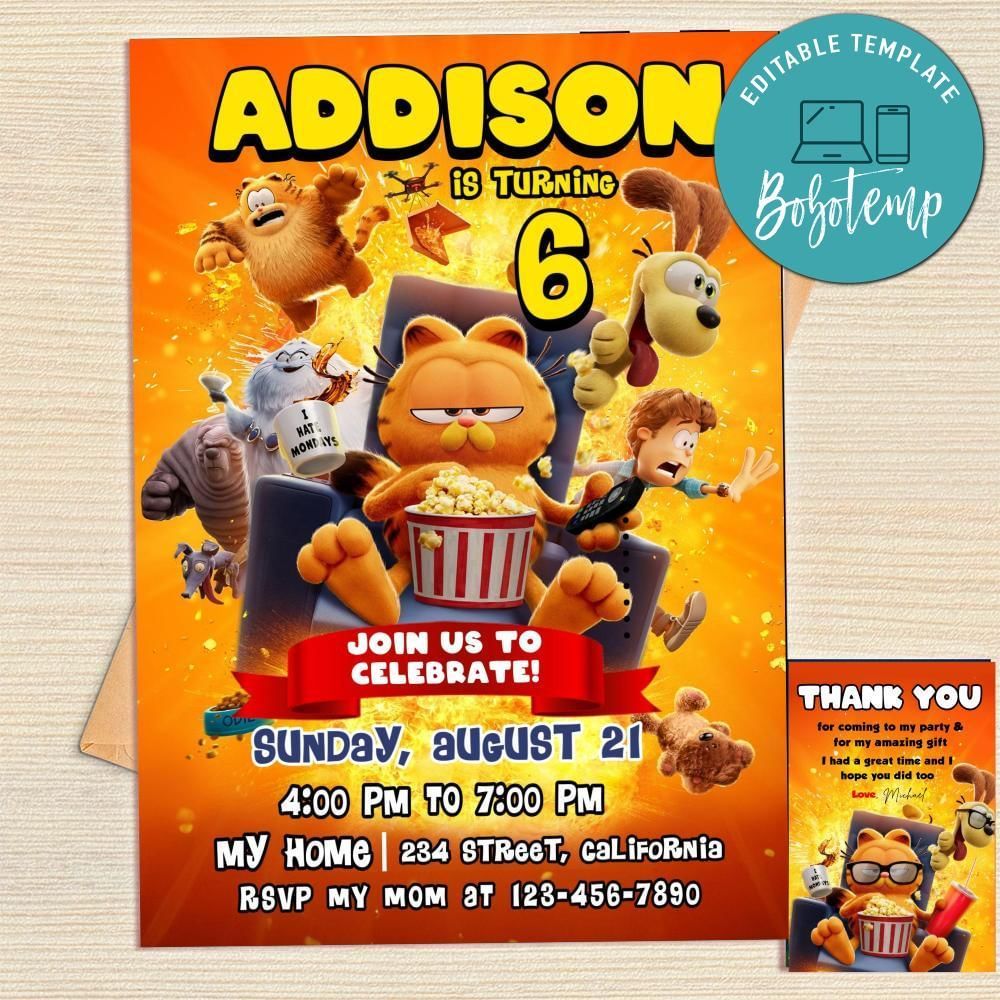 Garfield Invitation Template Free Thank You Card Printable
