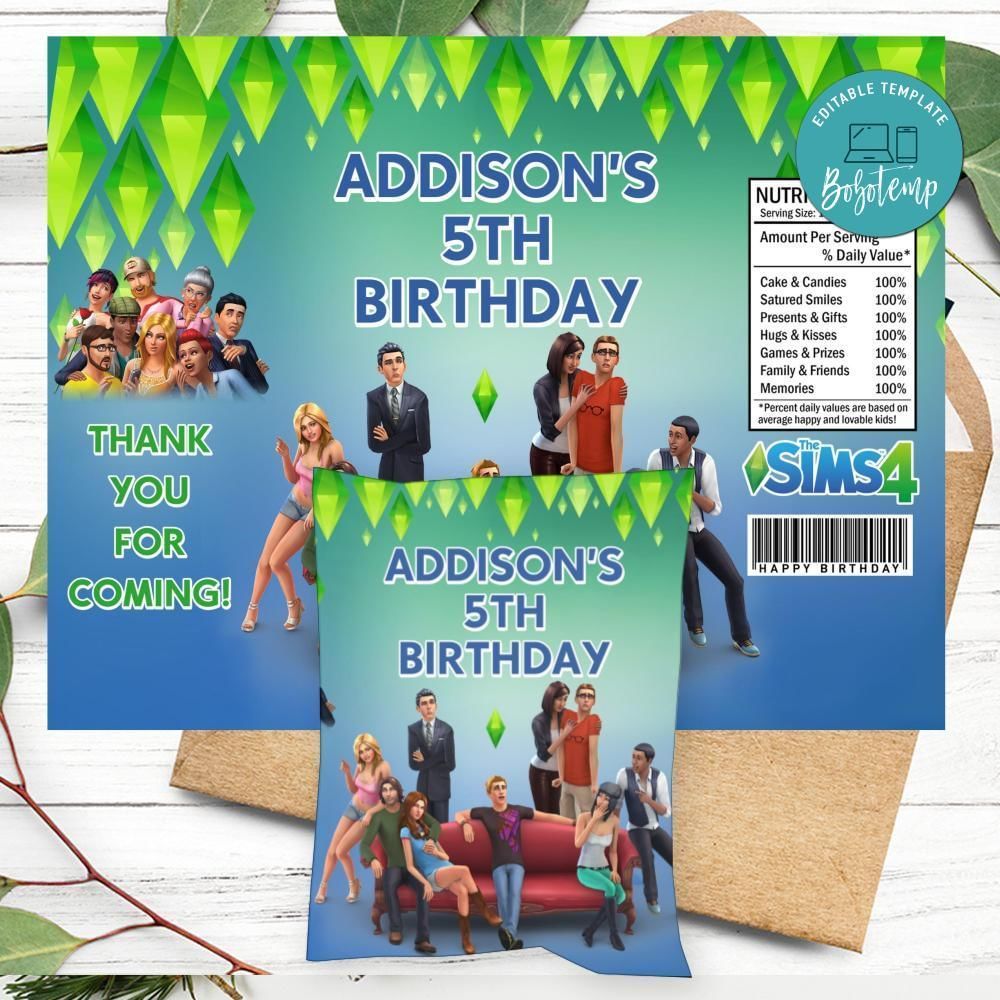The Sims 4 Birthday Party Chip Bag Digital File Printable Instant Download