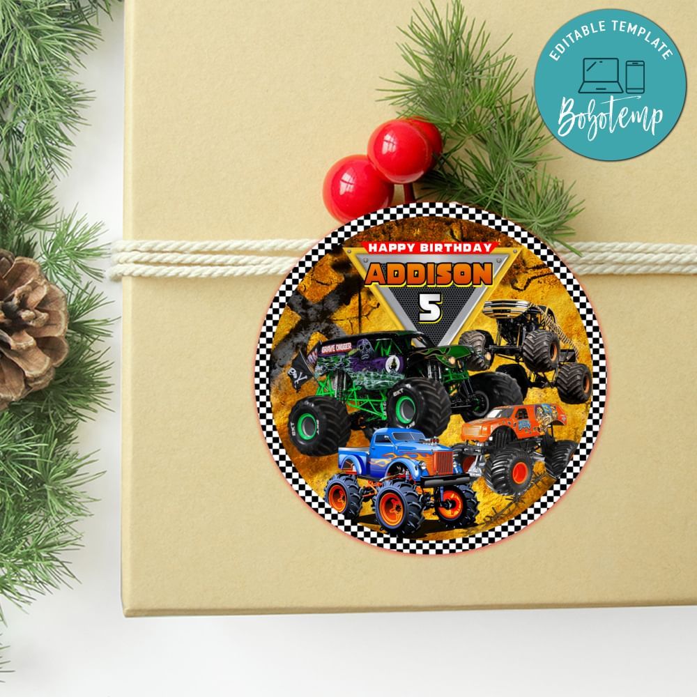 Monster Truck Circle Sticker Label-customer Template Customizable To Print At Home Instant Download