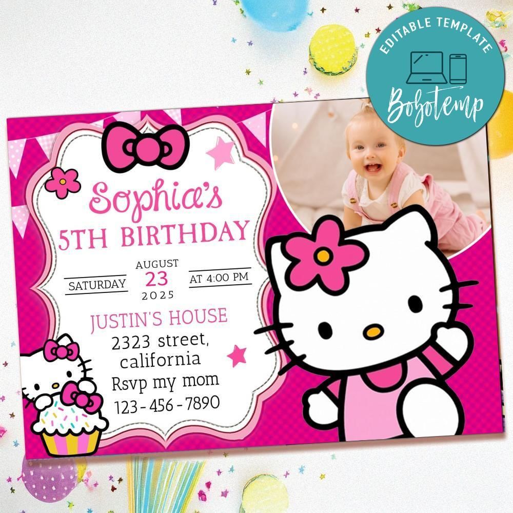 Hello kitty Birthday Invitation with Photo Customizable Template to Print at Home Instant Download