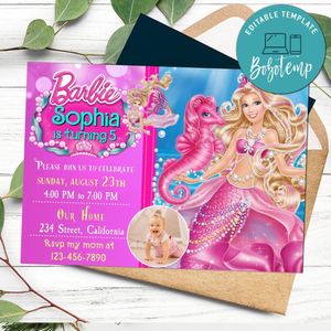 Sirena barbie Birthday Invitation with Photo Customizable Template to Print at Home Instant Download