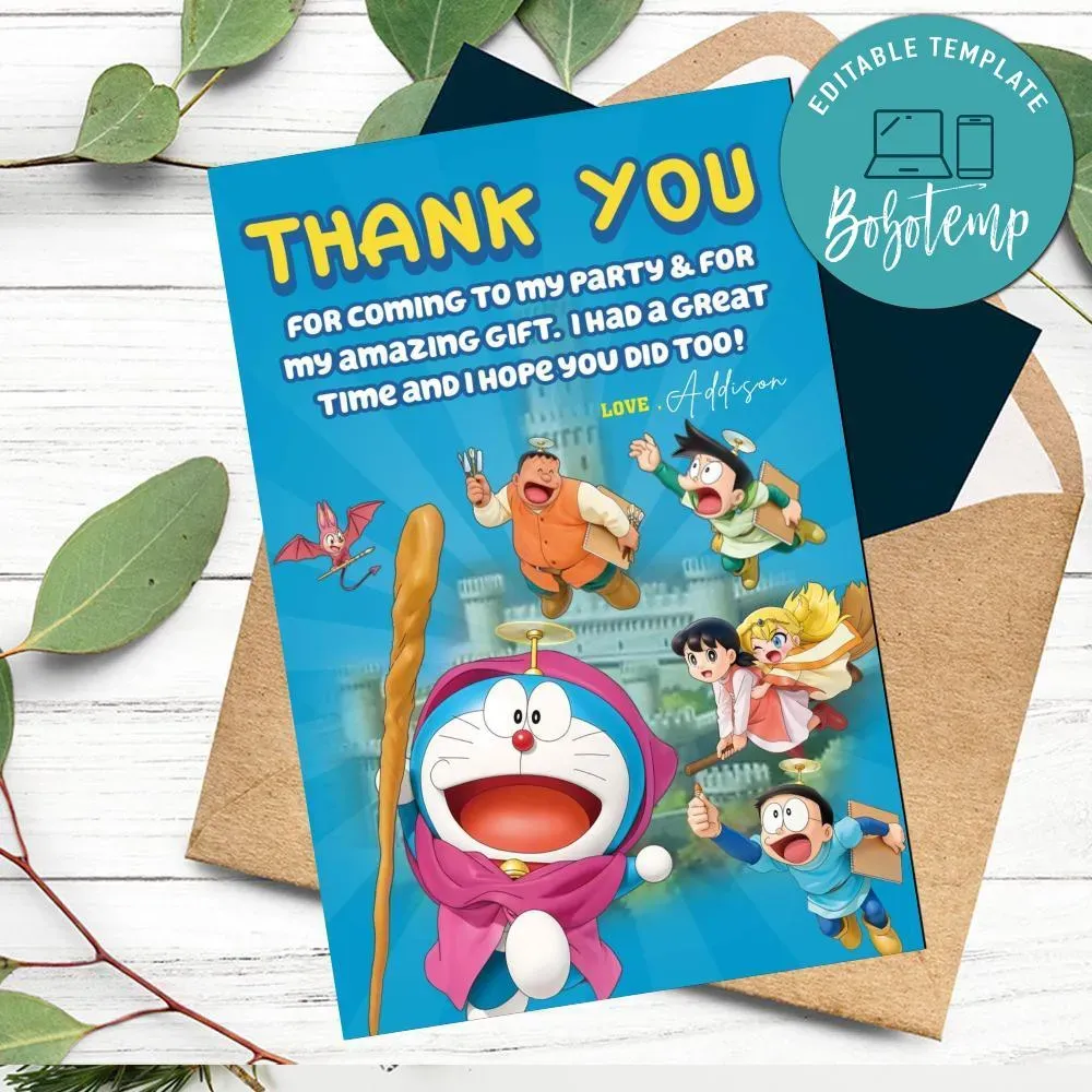 Doraemon Thank You Card Customizable Template DIY | Bobotemp