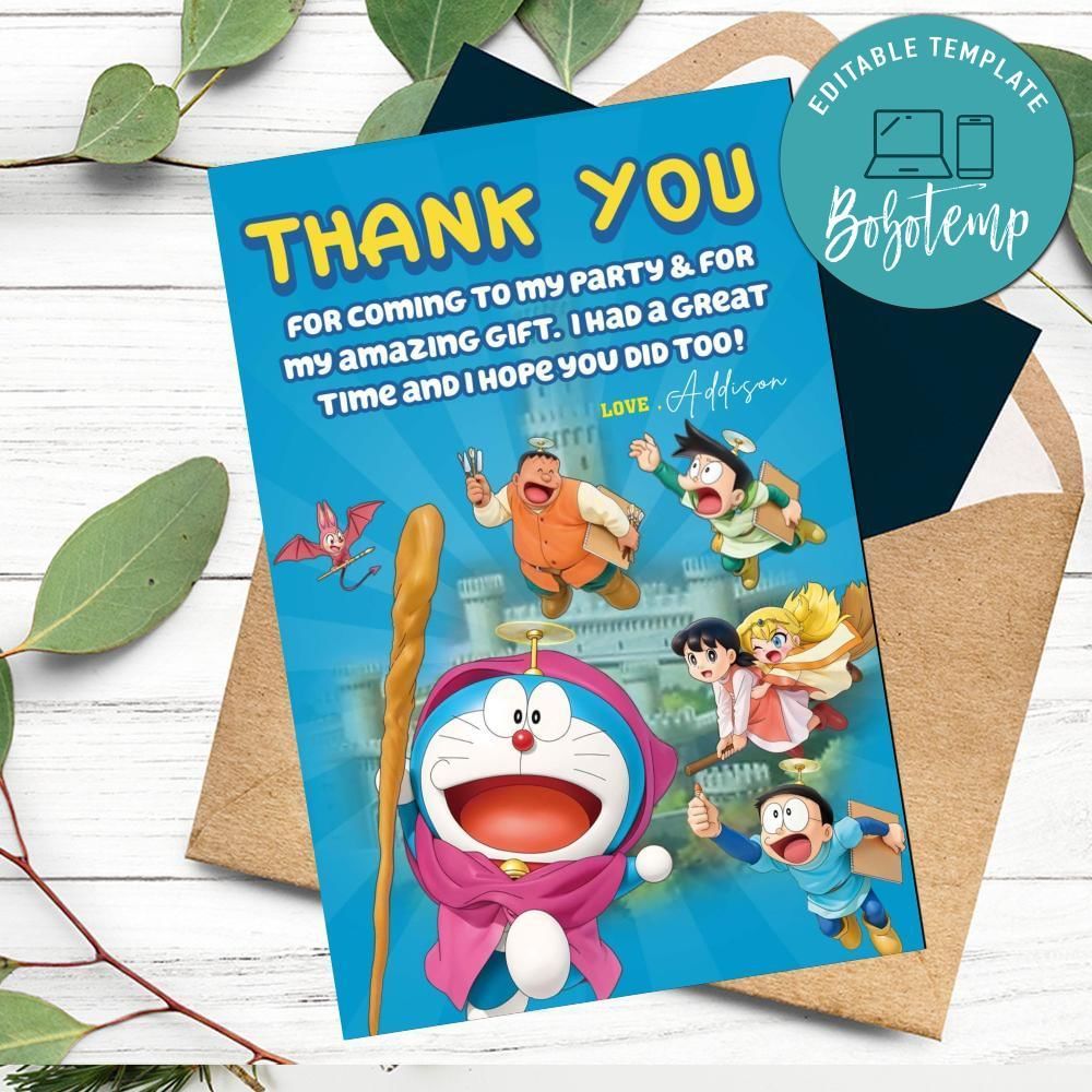 Doraemon Thank You Card Customizable Template To Print At Home Instant Download