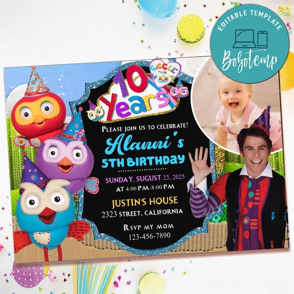 Giggle and Hoot Birthday Invitation with Photo Customizable Template to Print at Home Instant Download
