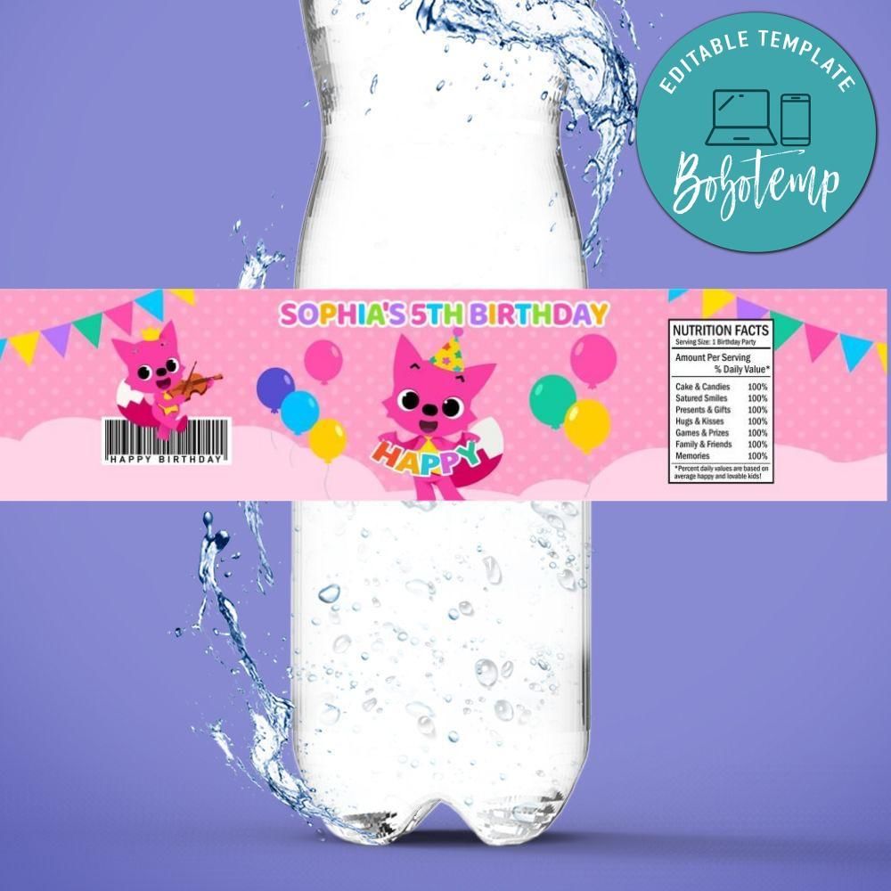 Pinkfong Birthday Water Bottle Label Template to Print at Home Instant Download