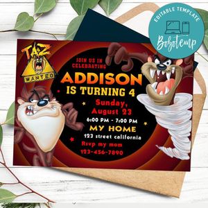 Tasmanian Devil Birthday Flyer Customizable Template to Print at Home Instant Download