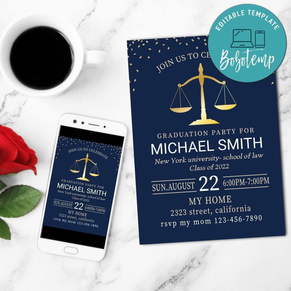 Lawyer Degree Mobile Invite Customizable Template Instant Download
