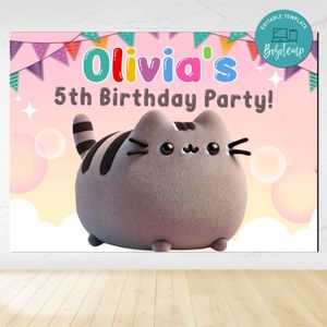 Pusheen Cat Birthday Backdrop Digital File Template Instant Download