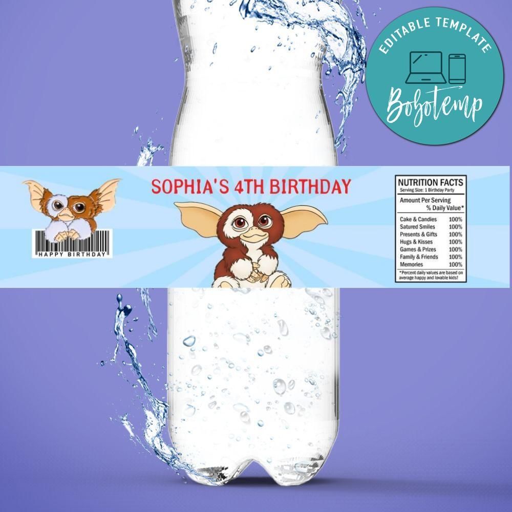 Gremlins Gizmo Birthday Water Bottle Label Template to Print at Home Instant Download