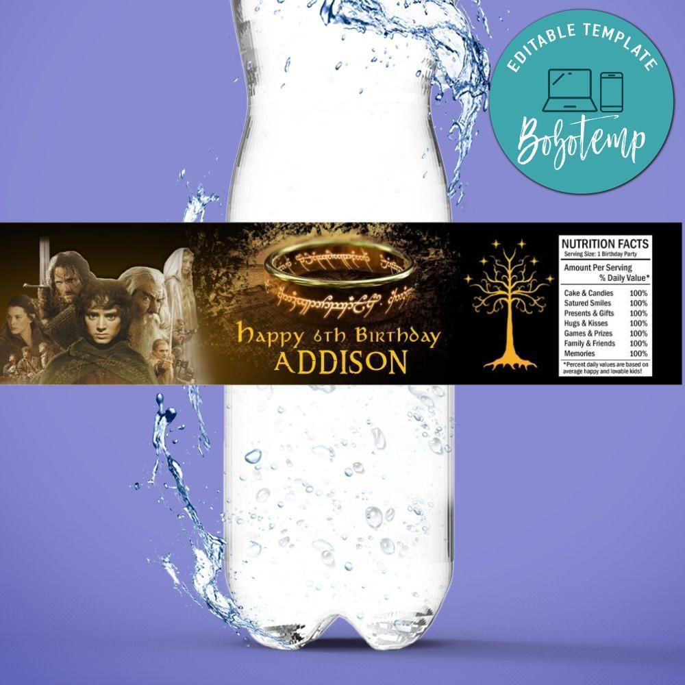 Lord of the rings Bottle Label Birthday Water Bottle Label Template to Print at Home Instant Download
