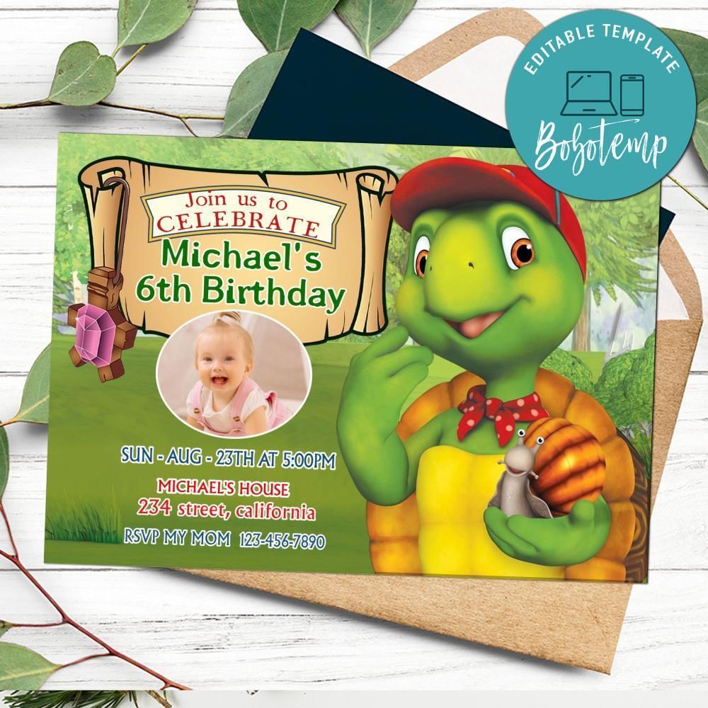 Franklin the turtle Birthday Invitation with Photo Customizable Template to Print at Home Instant Download