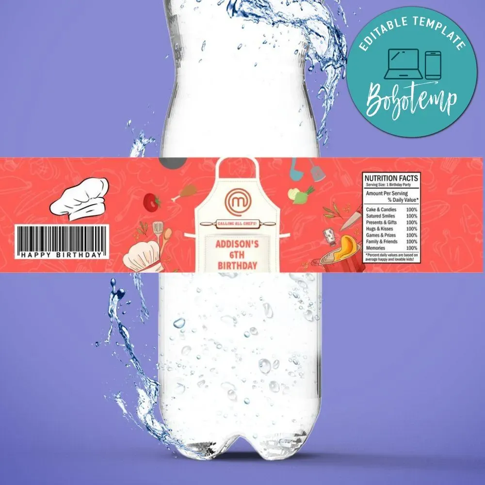 Masterchef Birthday Water Bottle Label Template | Bobotemp