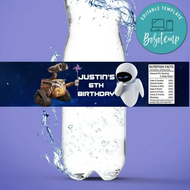 Wall e Birthday Water Bottle Label Template