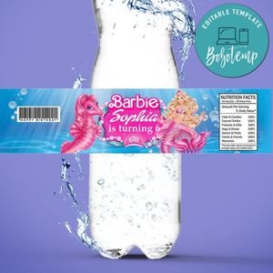 Sirena barbie Bottle Label Birthday Water Bottle Label Template to Print at Home Instant Download