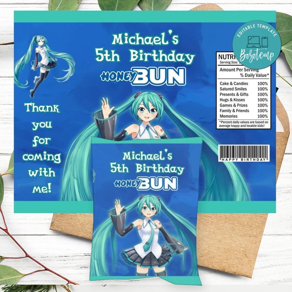 Hatsune Miku Birthday Honey Buns Snack Bag Label Customizable Instant Download