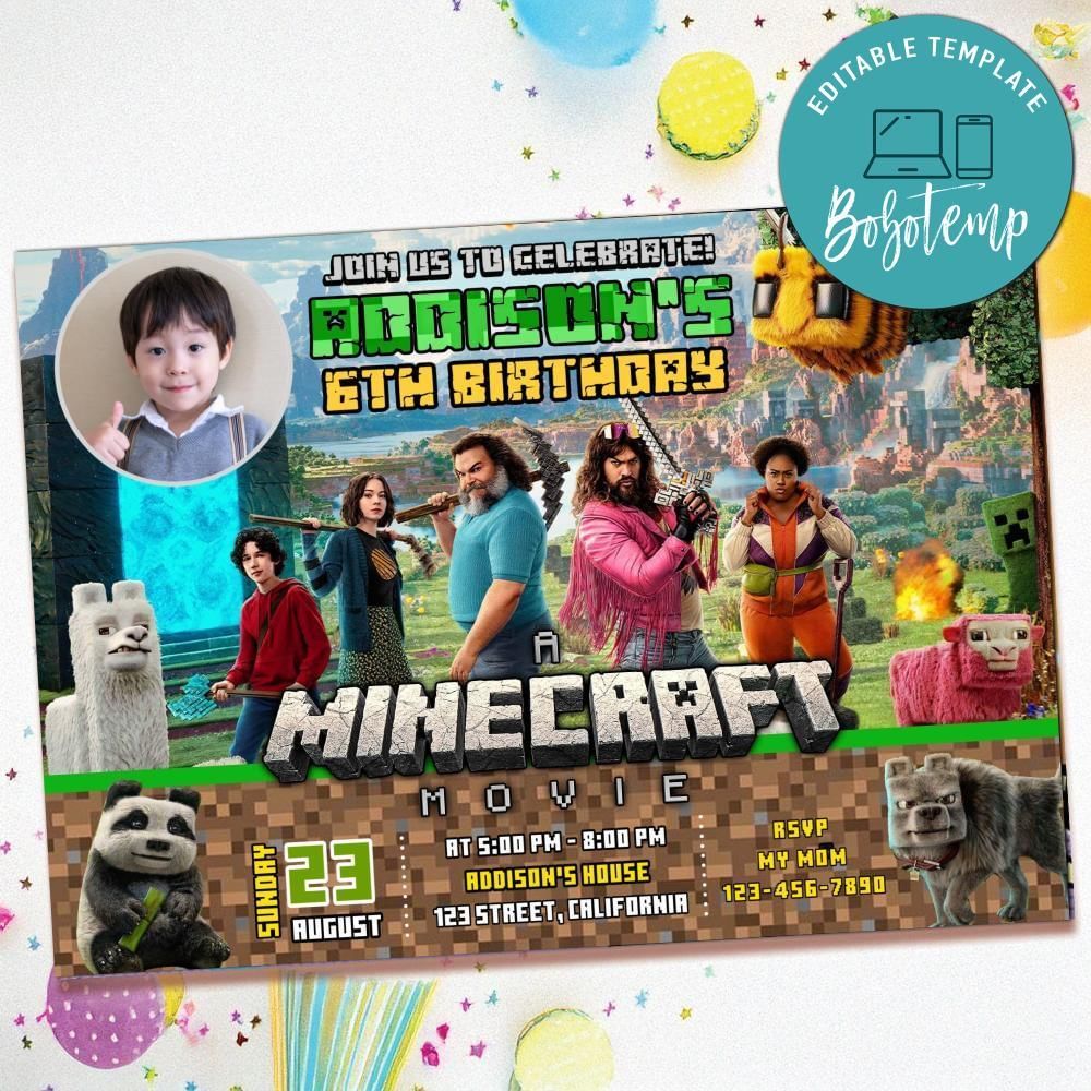 Minecraft Movie Birthday Invitation with Photo Customizable Template to Print at Home Instant Download