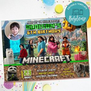 Minecraft Movie Birthday Invitation with Photo Customizable Template to Print at Home Instant Download