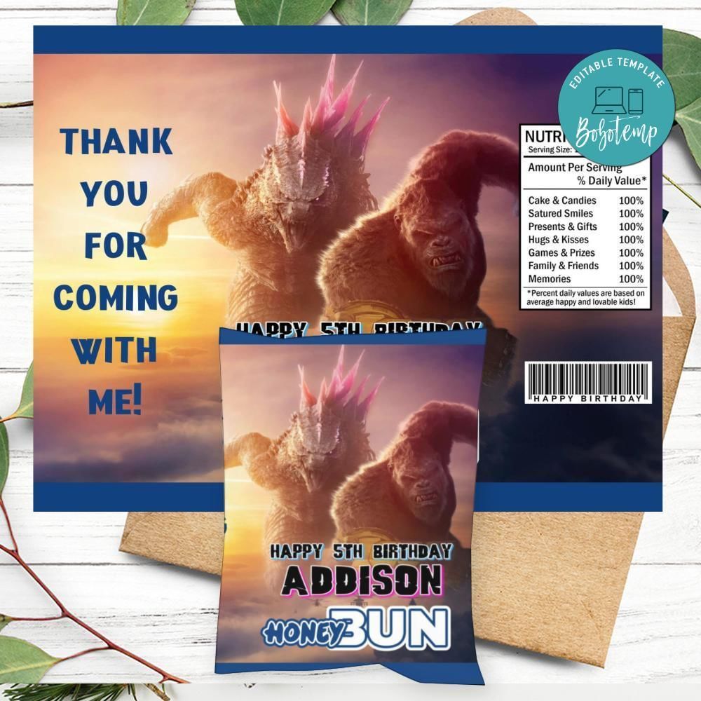 Godzilla X Kong: The New Empire Birthday Honey Buns Snack Bag Label Customizable Instant Download