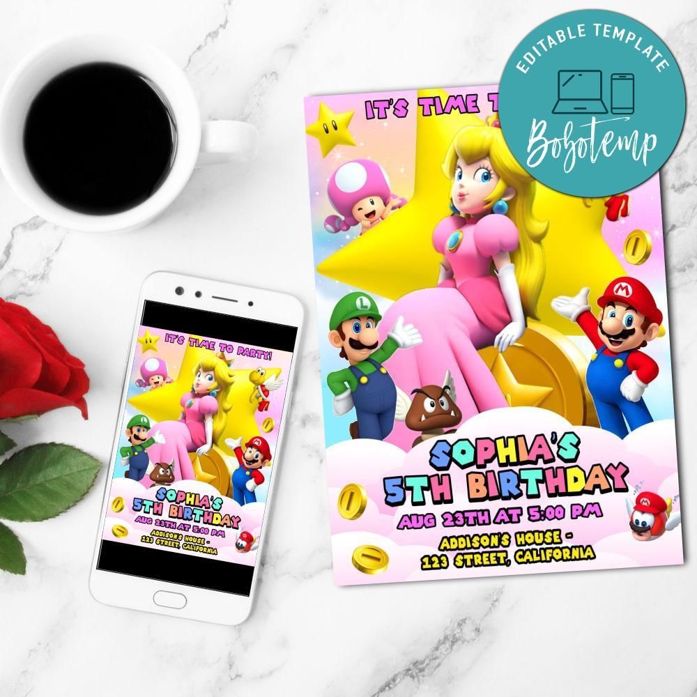 Princess Peach Invitation Customizable Template to Print at Home Instant Download