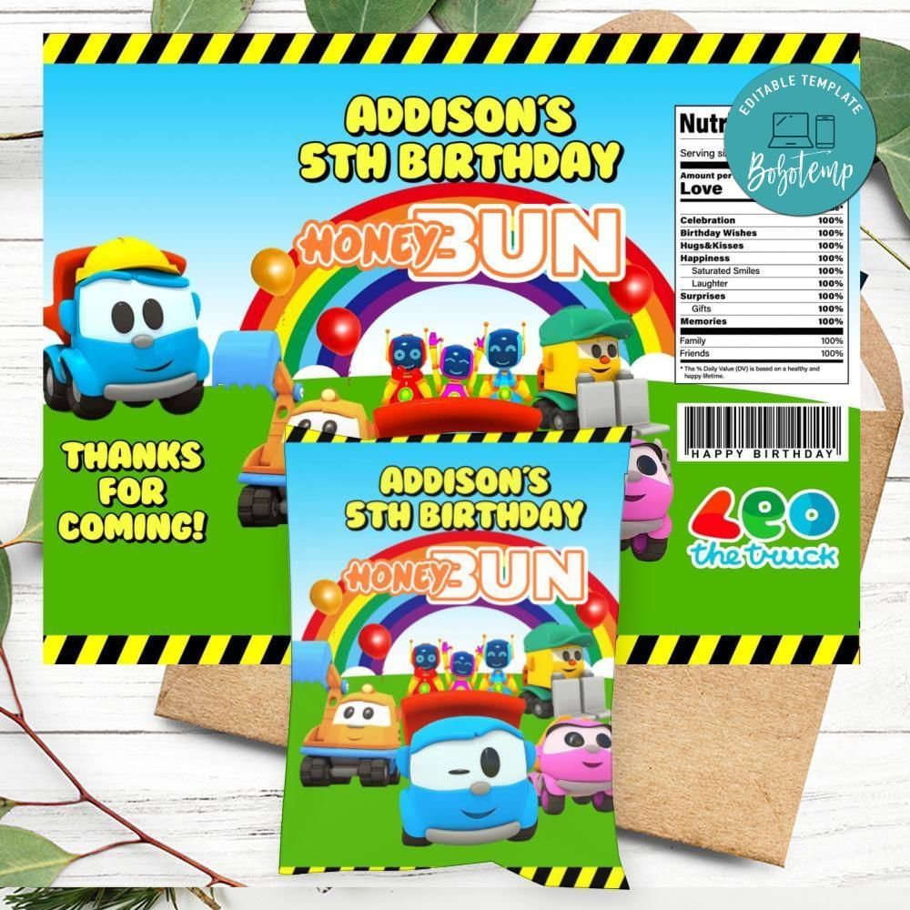 Leo The Truck Birthday Honey Buns Snack Bag Label Customizable Instant Download