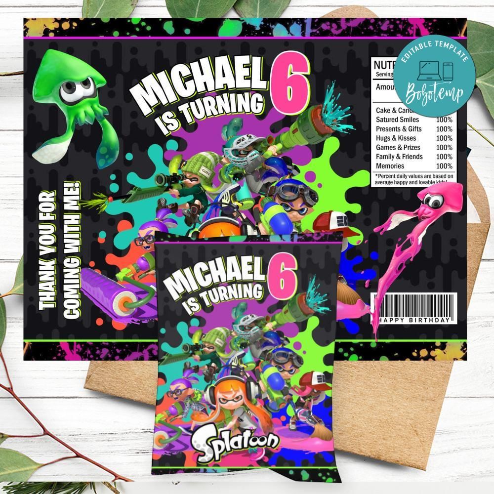 Splatoon Birthday Chip Bag Digital File Printable | Sportspartydesign