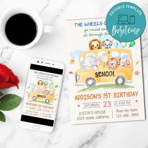 School bus animals Invitation Customizable Template to Print at Home Instant Download