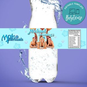 Mako mermaid Birthday Water Bottle Label Template to Print at Home Instant Download