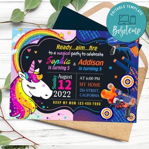 Nerf and unicorn Invitation Customizable Template to Print at Home Instant Download
