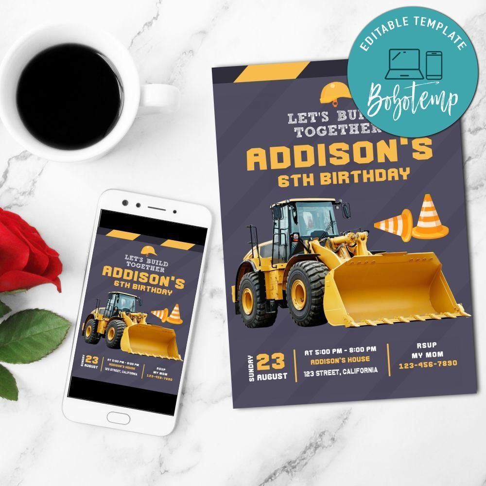 Bulldozer Invitation Customizable Template to Print at Home Instant Download