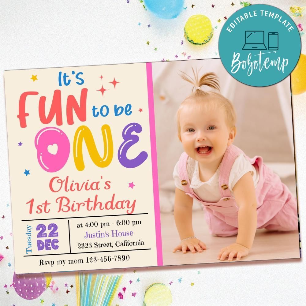 It's fun to be one Birthday Invitation with Photo Customizable Template to Print at Home Instant Download