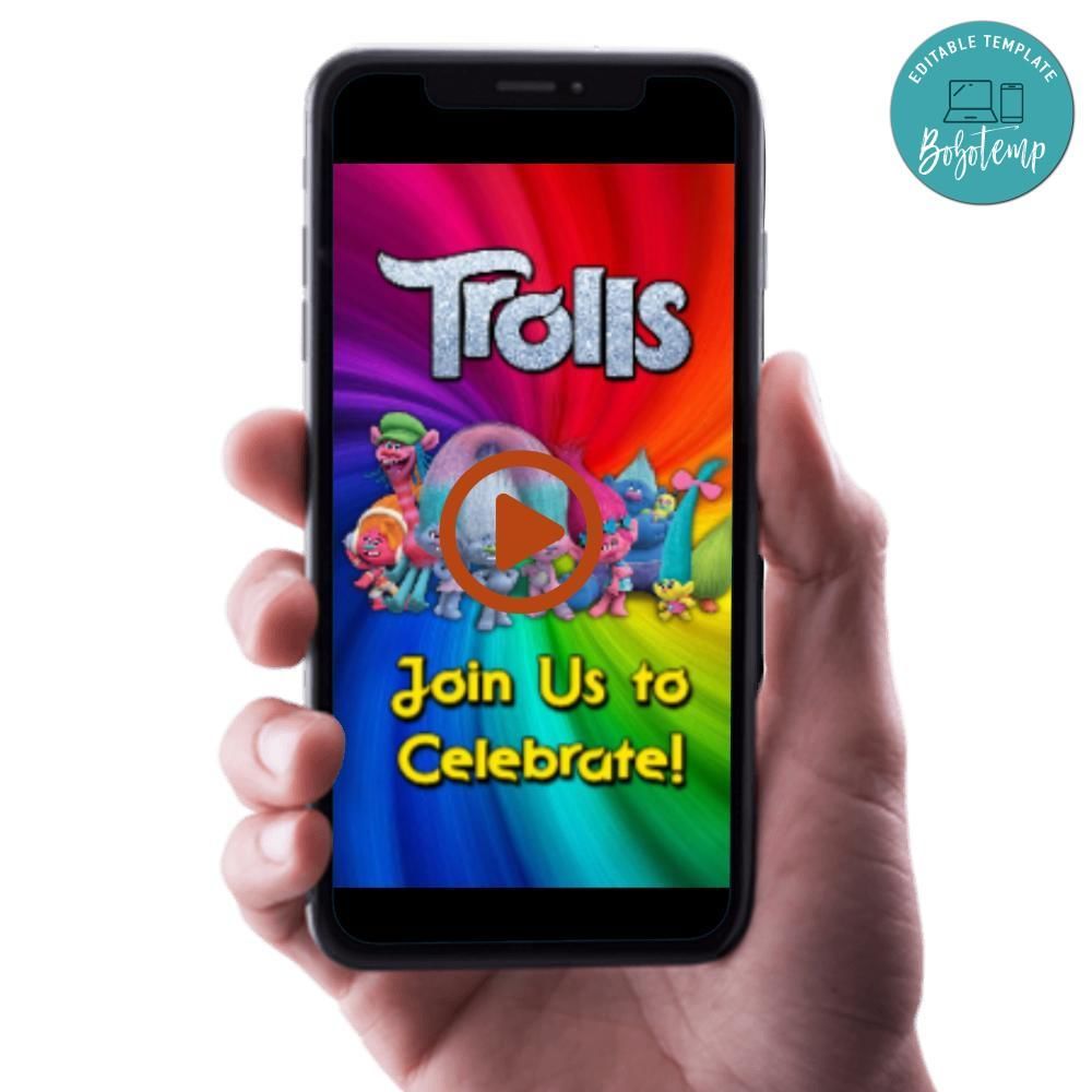 Trolls Video Birthday Invitation Digital Template Customizable Instant Download