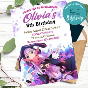 Bunny girl Invitation Customizable Template to Print at Home Instant Download