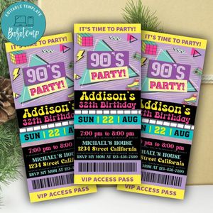 90's Ticket Invitation Customizable Template Instant Download